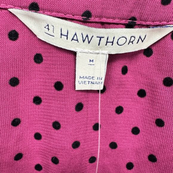 41 Hawthorn Dress Womens Medium Burgundy Clip Dot Roll Tab Sleeves Belted V-Neck - Picture 2 of 10